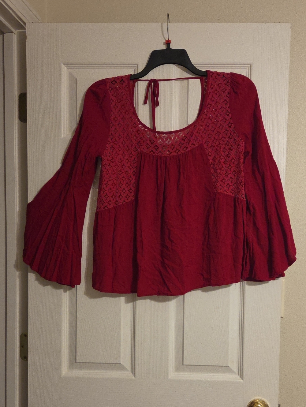 Entro Crimson Crochet Yoke Peasant Top